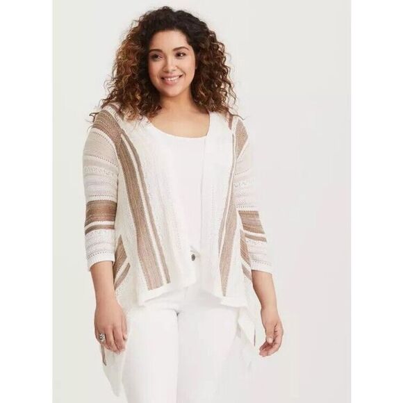 Torrid Ivory & Taupe Pointelle Knit Cardigan Plus Size 4 4X Open Front - Picture 1 of 9